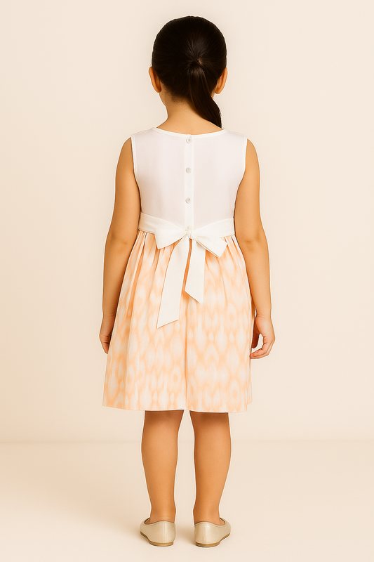 White and peach girls sleeveless dress with checked flared skirt and gathered waist