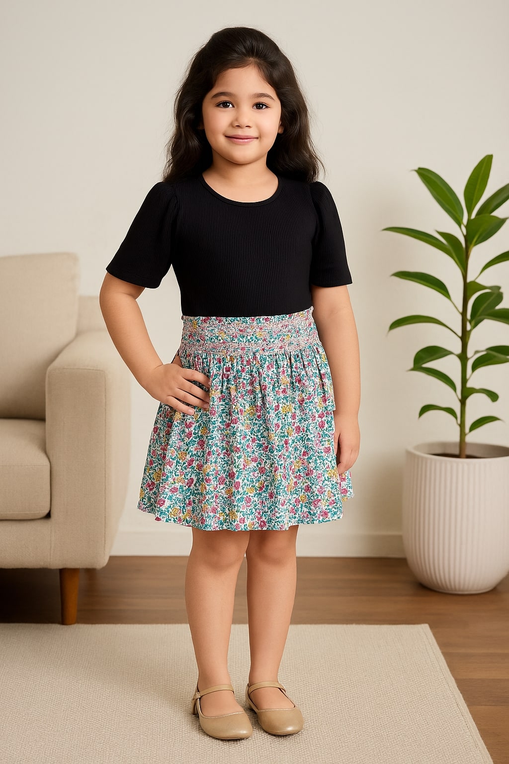 Black girls short sleeve top with grey checked flared skirt