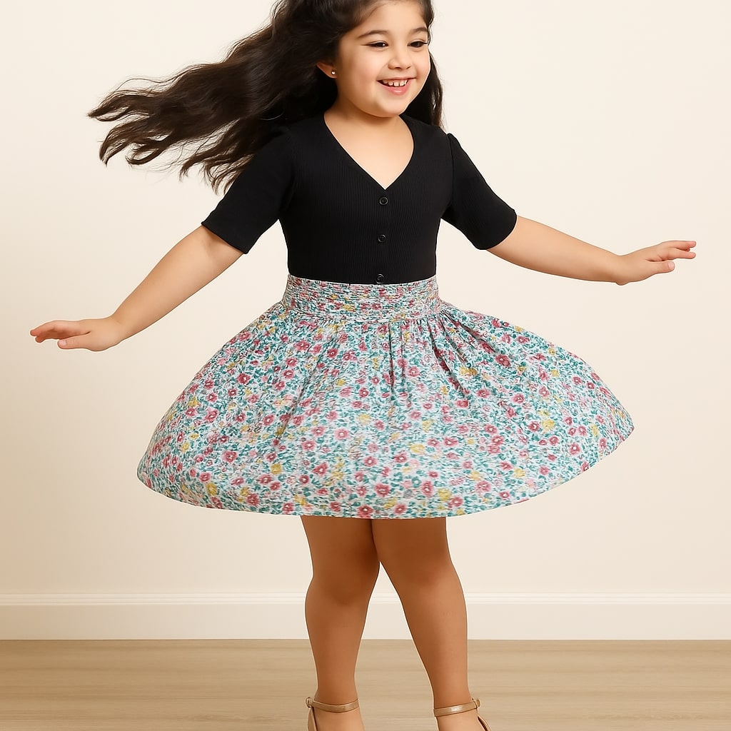 Black girls short sleeve top with grey checked flared skirt