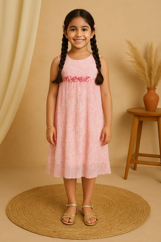 Pink and white girls striped sleeveless dress with ruffle hem and gathered waist