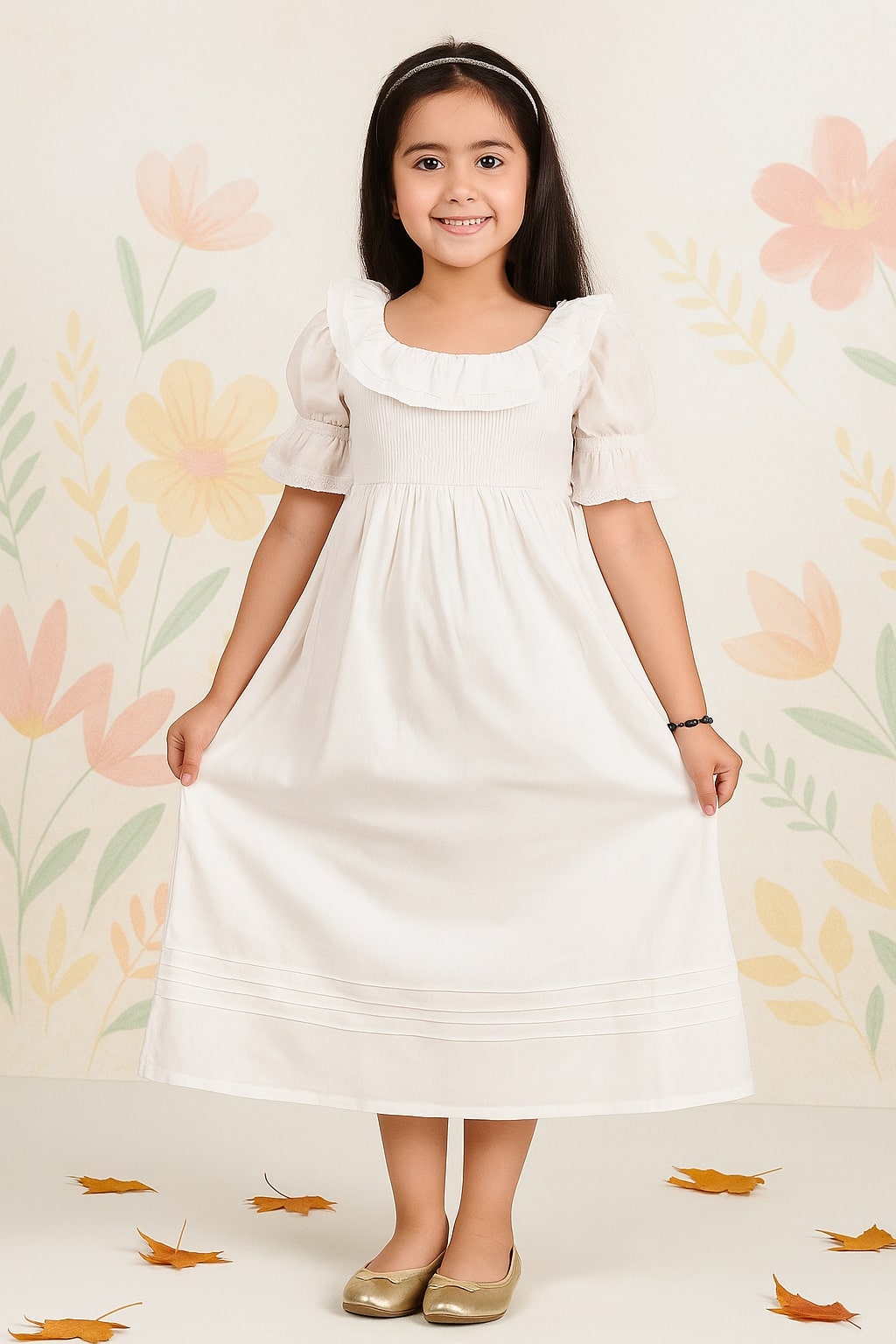 White girls sleeveless maxi dress with gathered waist and flared hem