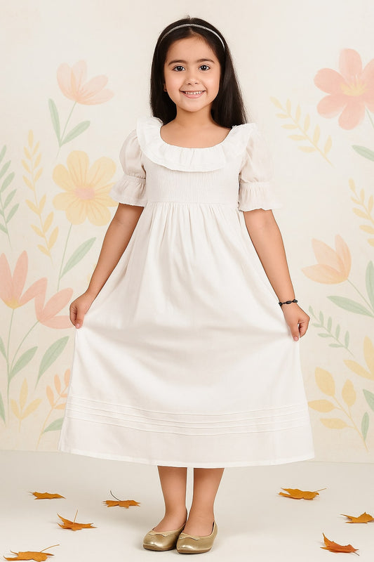 White girls sleeveless maxi dress with gathered waist and flared hem