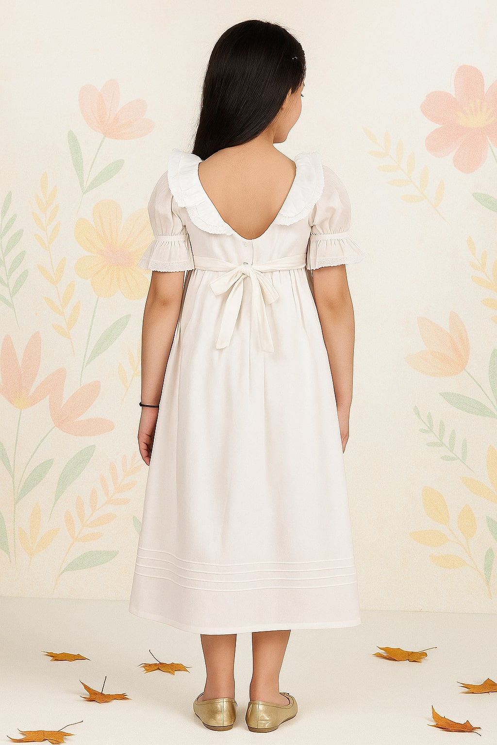 White girls sleeveless maxi dress with gathered waist and flared hem
