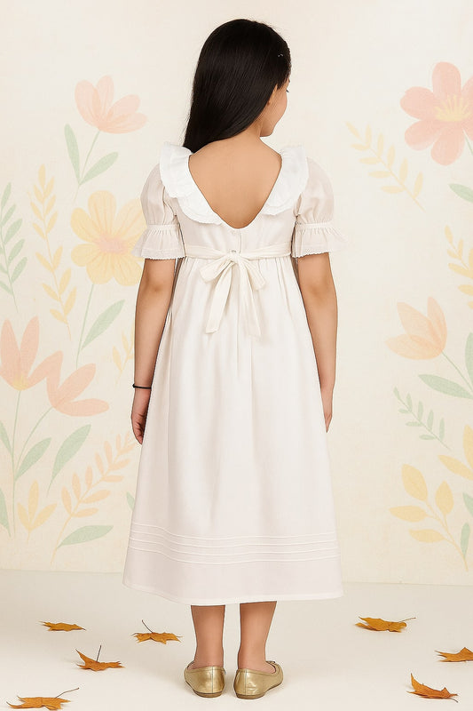 White girls sleeveless maxi dress with gathered waist and flared hem