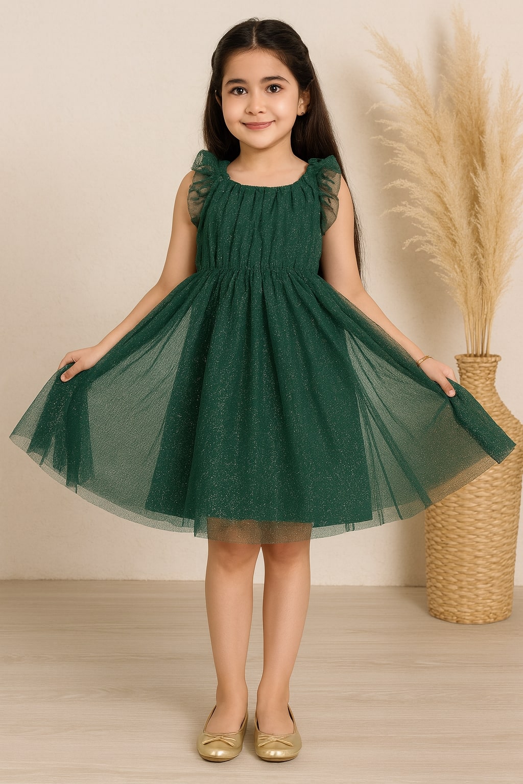 Dark green girls sleeveless fit and flare dress with pleated skirt and flared hem
