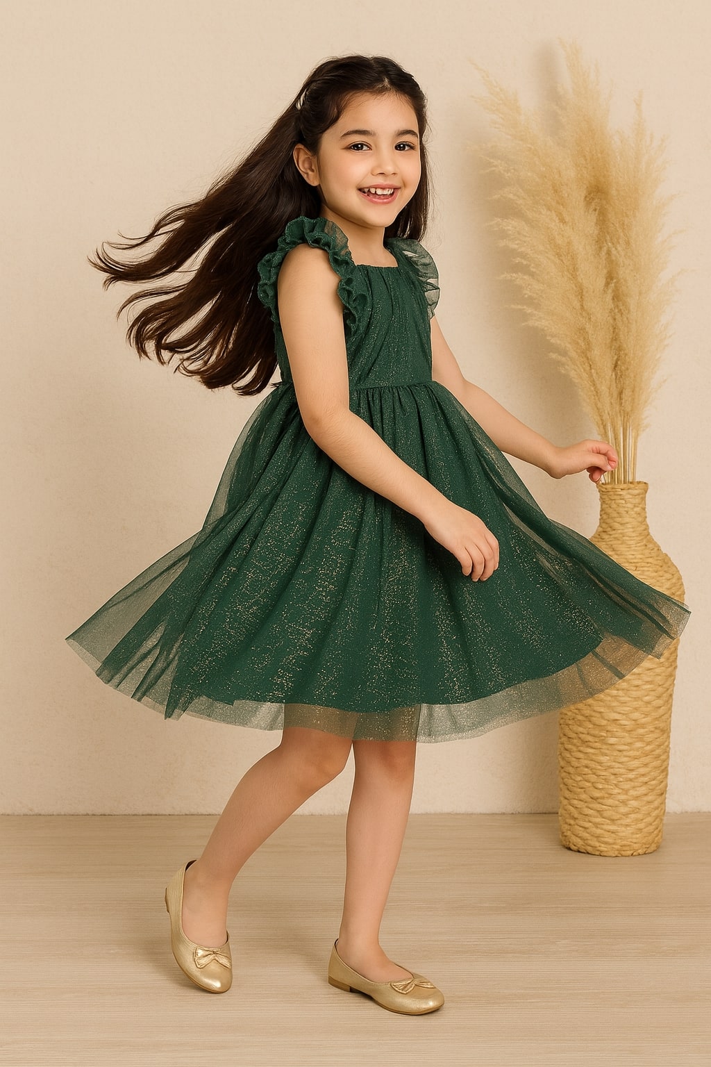 Dark green girls sleeveless fit and flare dress with pleated skirt and flared hem