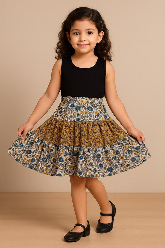 Brown floral printed girls flared skirt with contrast border and gathered waist