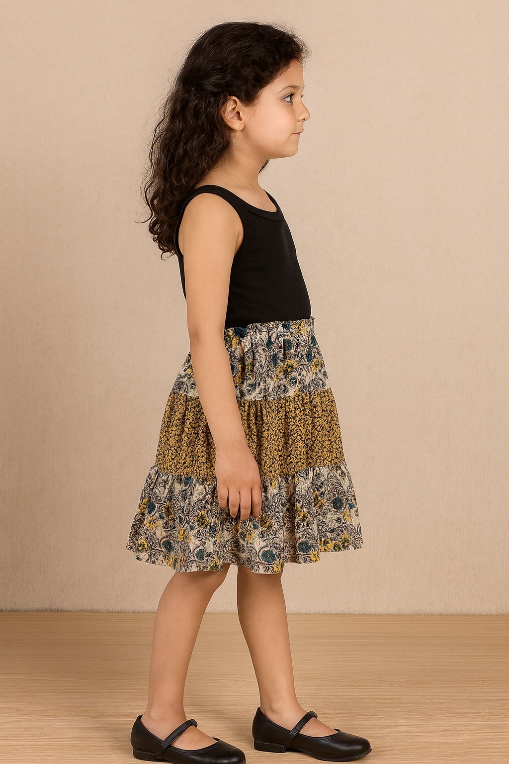 Brown floral printed girls flared skirt with contrast border and gathered waist