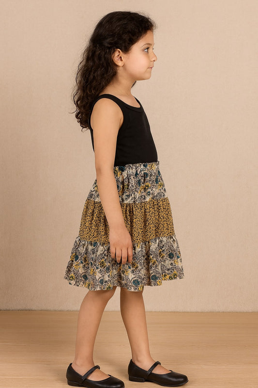 Brown floral printed girls flared skirt with contrast border and gathered waist