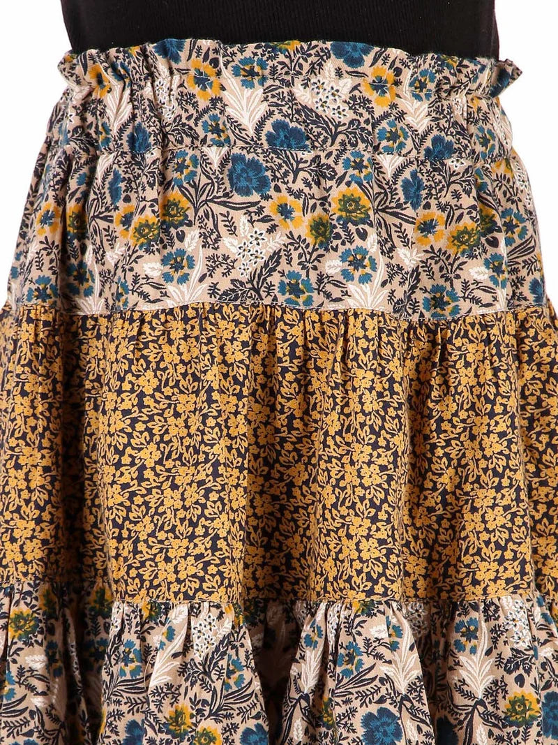 Brown floral printed girls flared skirt with contrast border and gathered waist