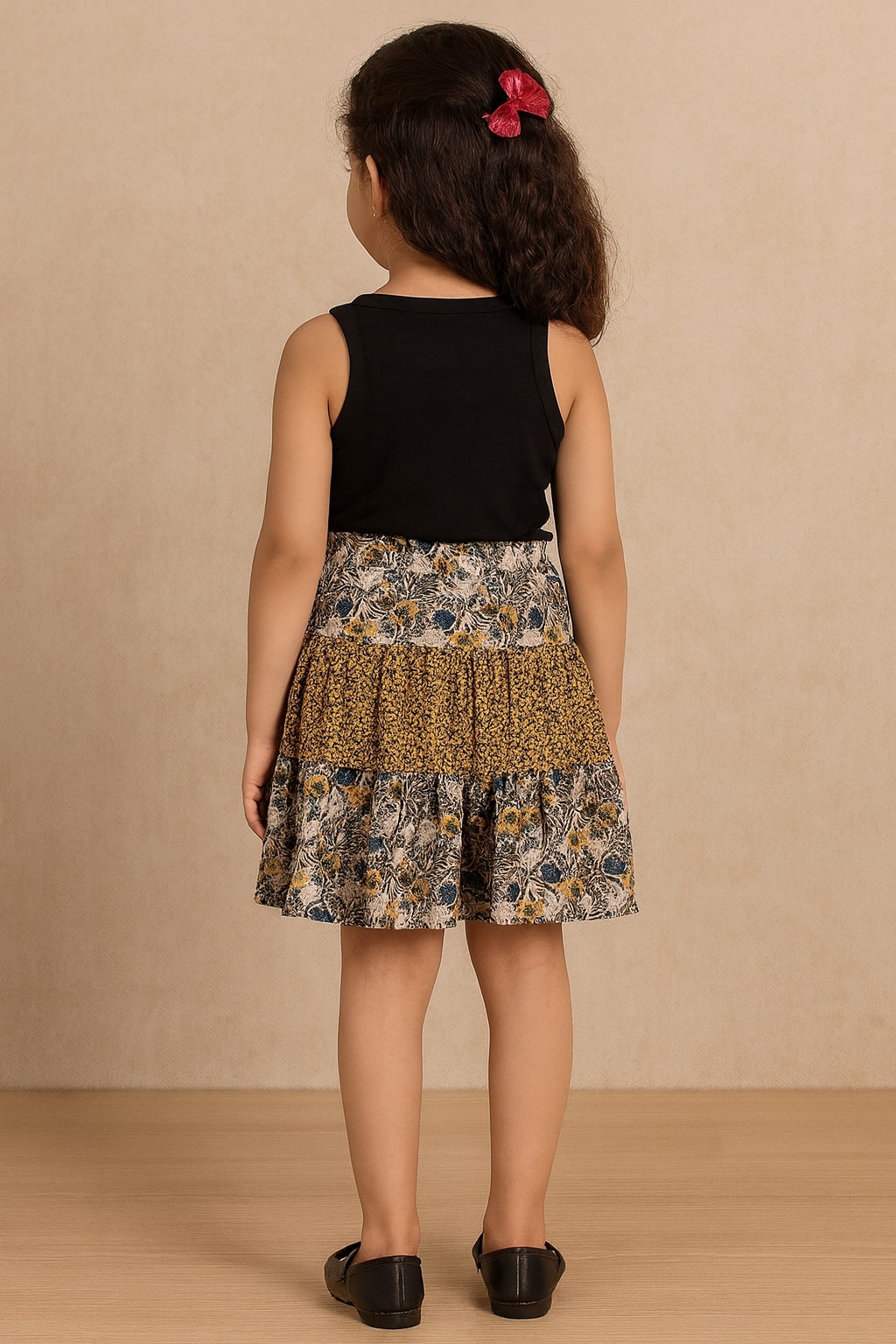 Brown floral printed girls flared skirt with contrast border and gathered waist