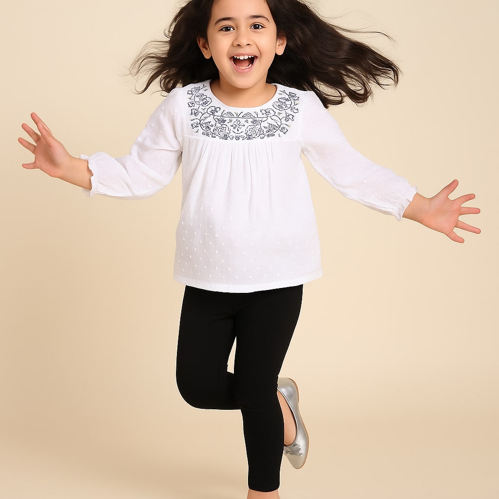 White girls long sleeve top with ruffle neckline and printed detailing