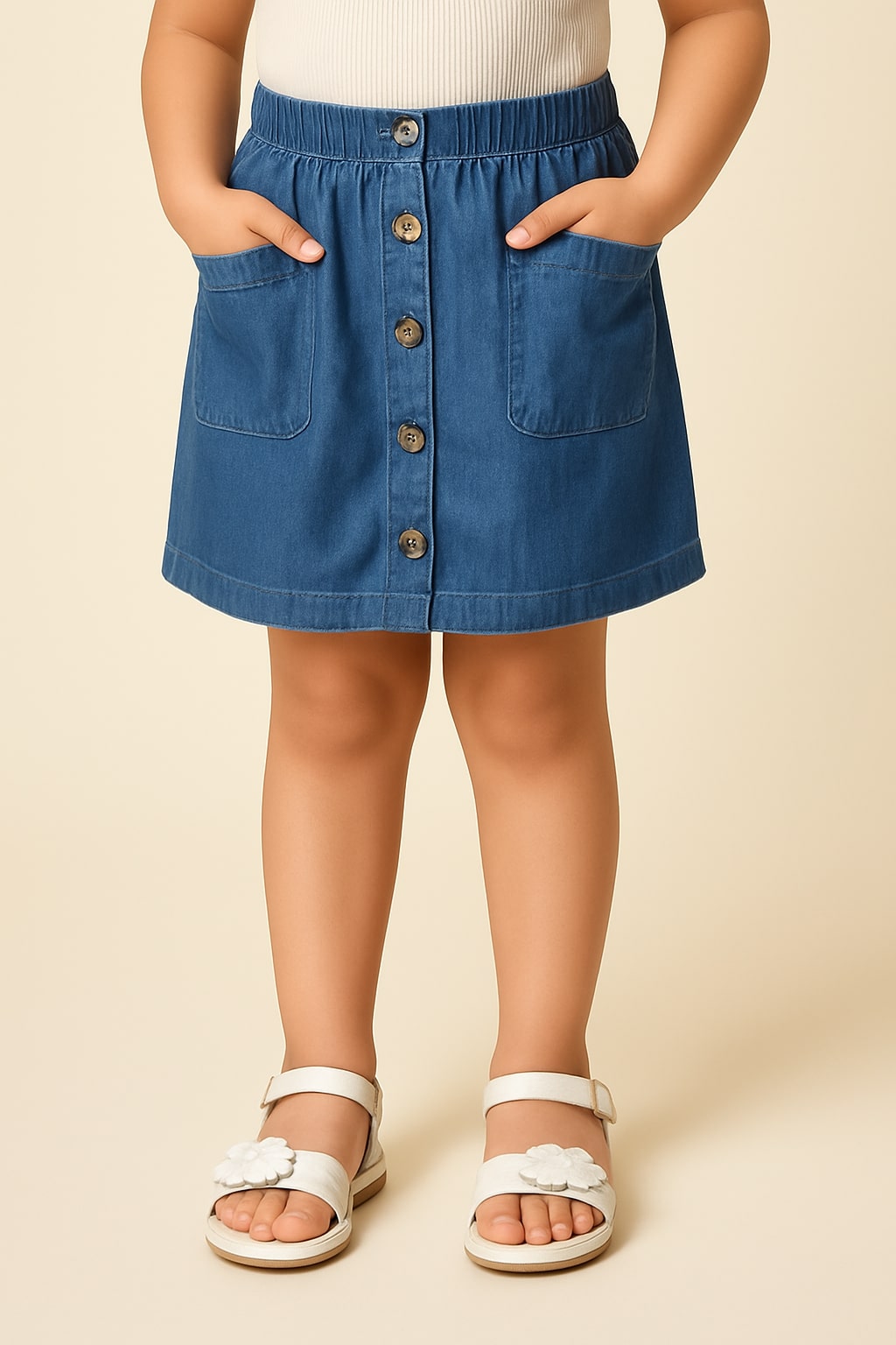 Blue denim girls button-front skirt with pockets and casual straight fit