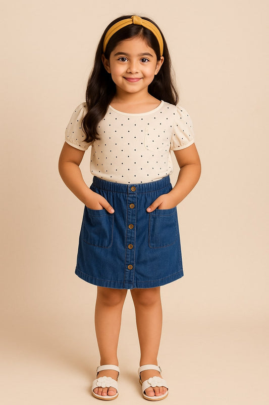Blue denim girls button-front skirt with pockets and casual straight fit