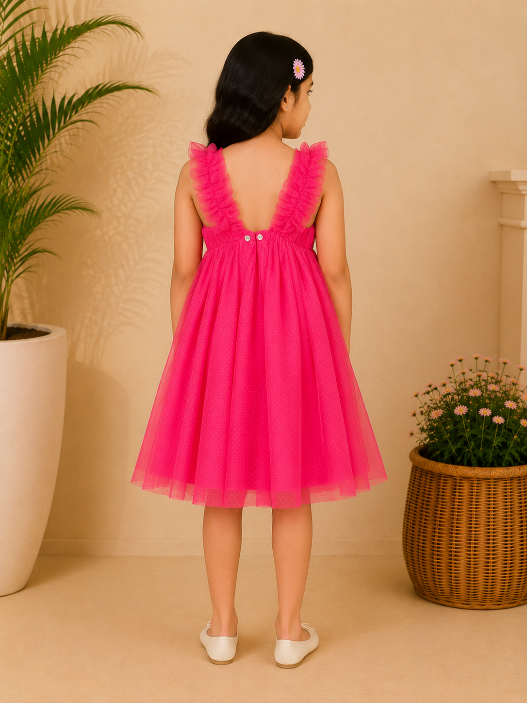 Hot pink girls sleeveless fit and flare dress with ruffle detailing and flared skirt