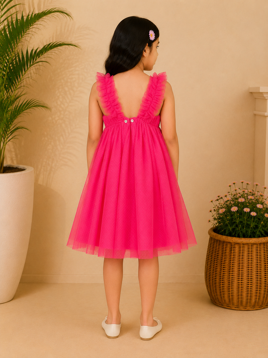 Hot pink girls sleeveless fit and flare dress with ruffle detailing and flared skirt