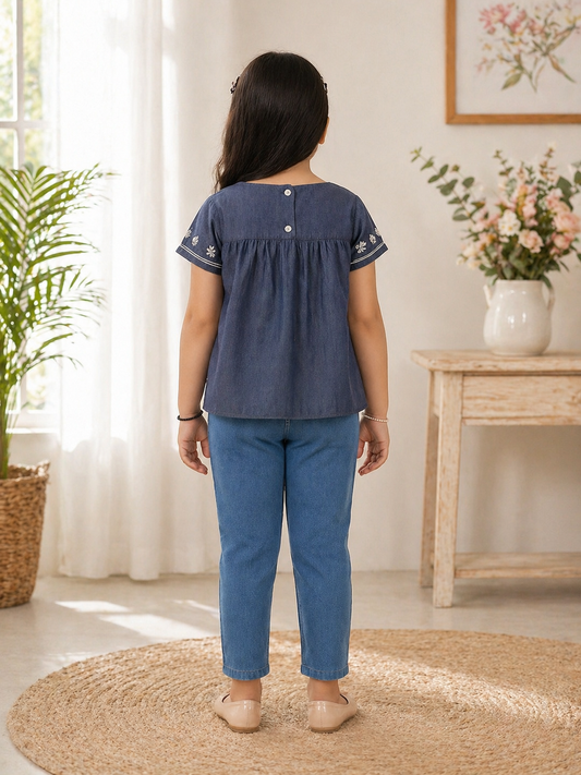 Blue girls short sleeve top with white floral embroidery and gathered detailing
