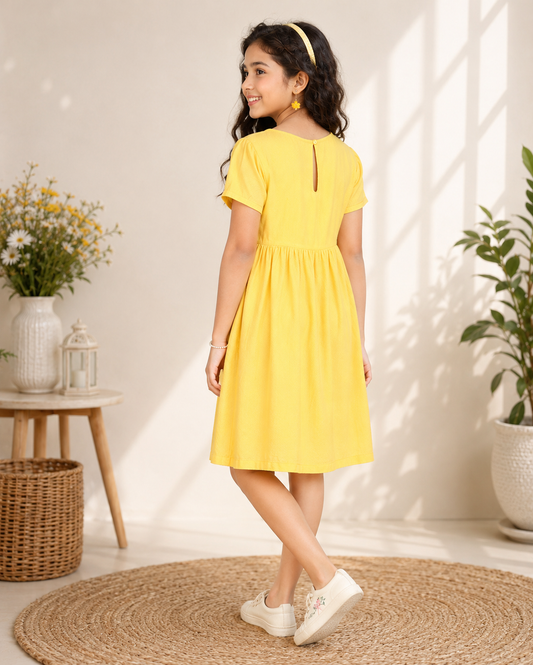 Yellow striped girls sleeveless dress with ruffle sleeves and flared hem