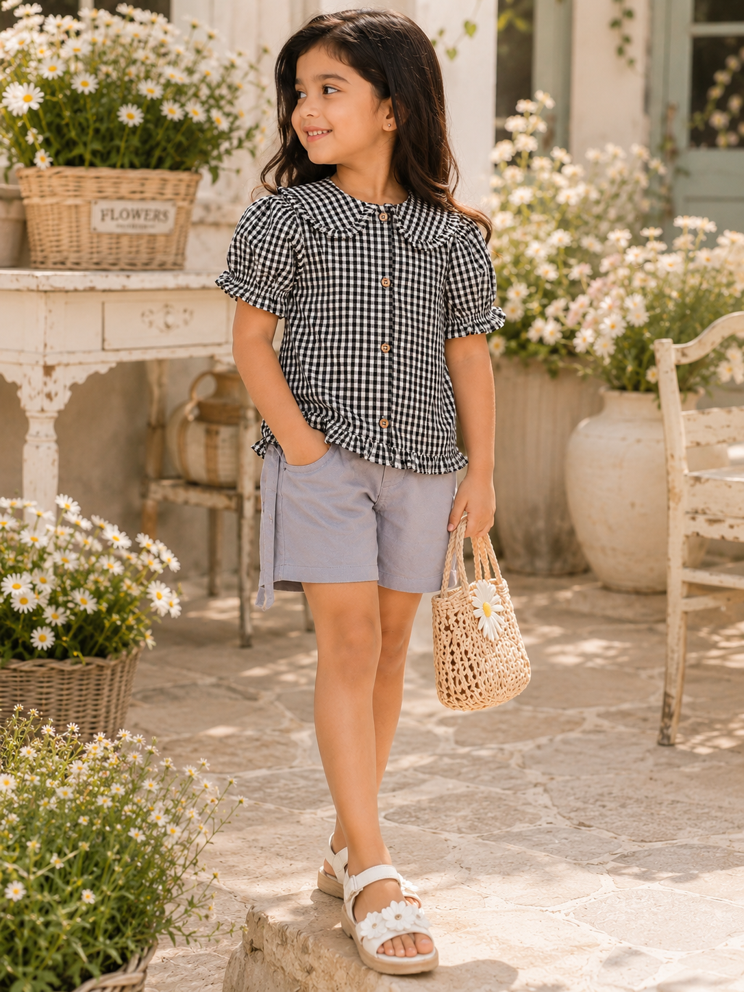 Grey girls checked shorts with elasticated waist and relaxed fit