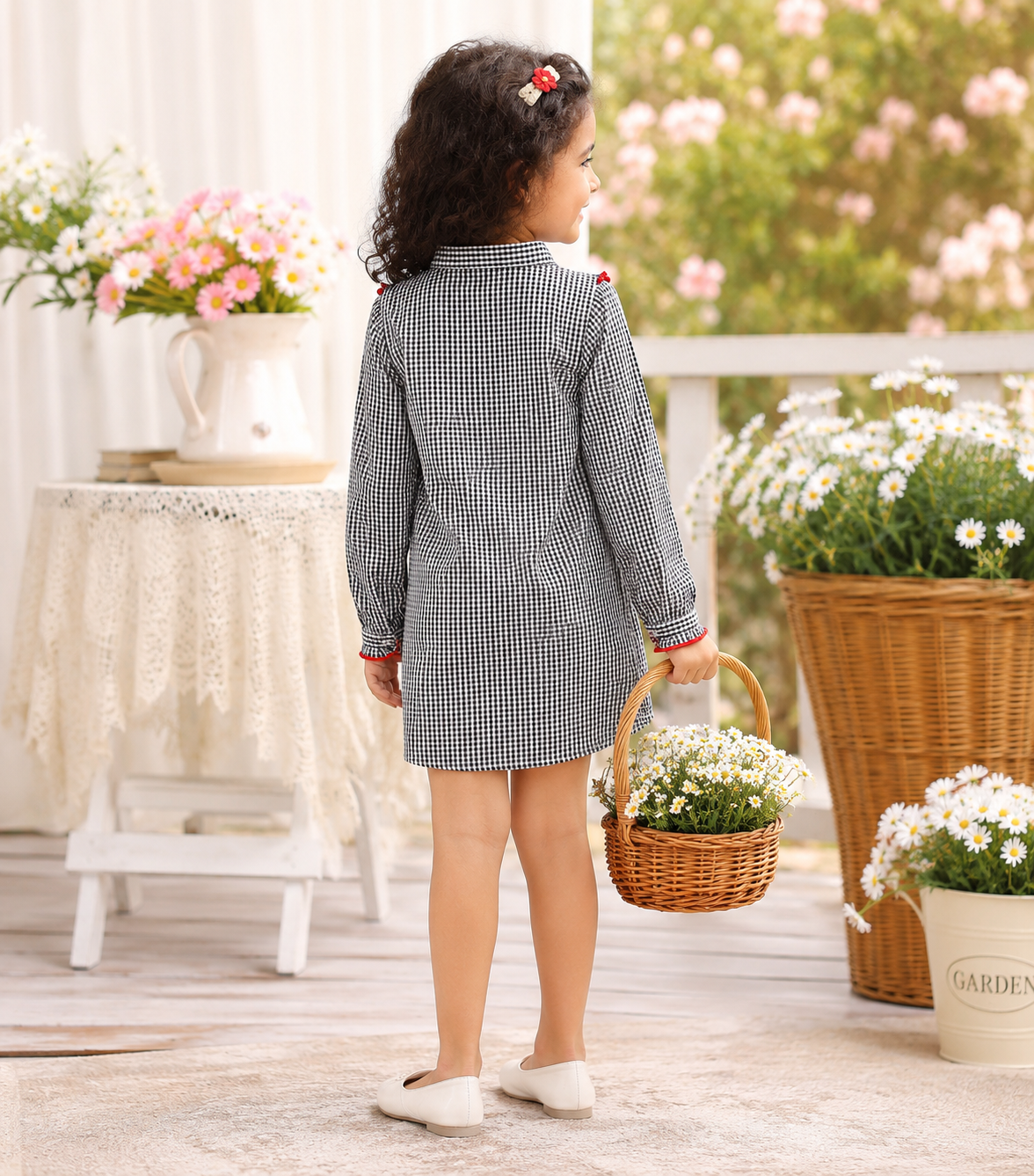 Grey girls checked short sleeve dress with red floral embroidery and ruffle detailing