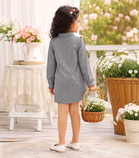 Grey girls checked short sleeve dress with red floral embroidery and ruffle detailing