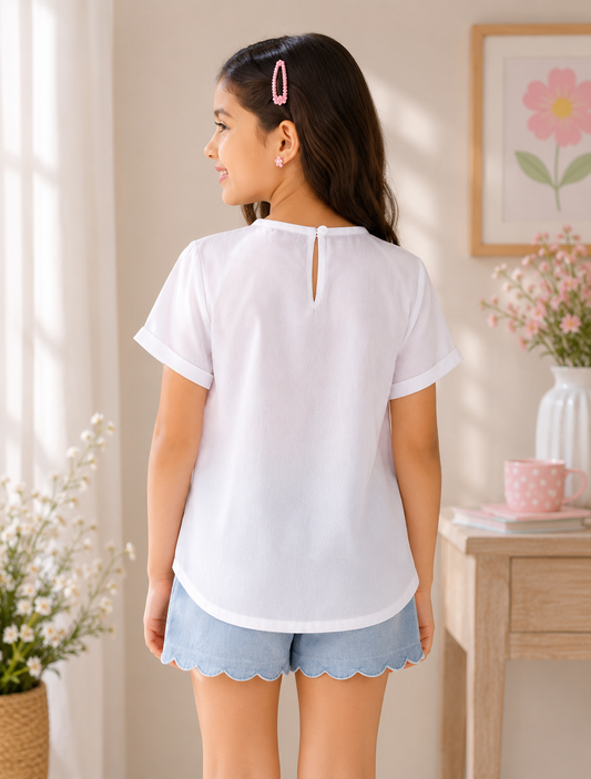 White girls short sleeve top with pink striped ruffle collar and contrast detailing