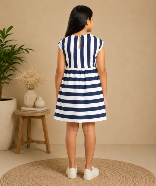 Black and white striped girls short sleeve dress with pink floral detailing and flared hem