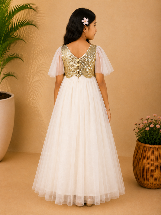 Cream girls short sleeve fit and flare dress with gathered waist and flowy skirt