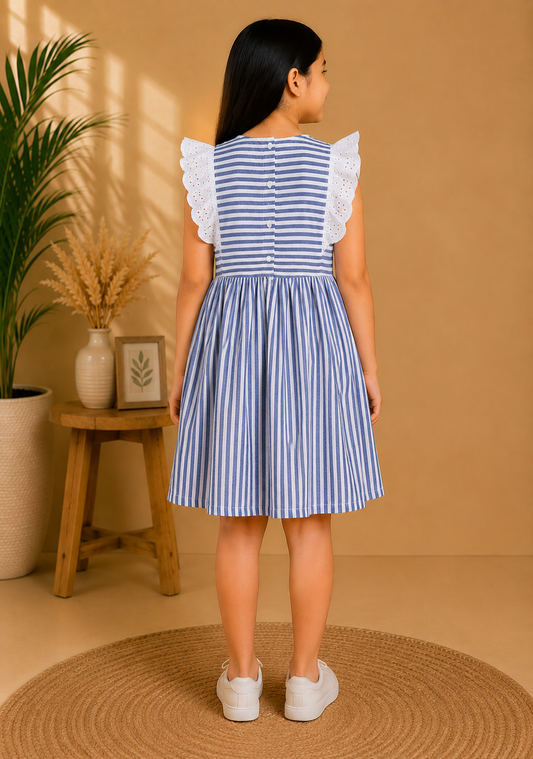 Blue and white striped girls sleeveless dress with gathered waist and flared hem