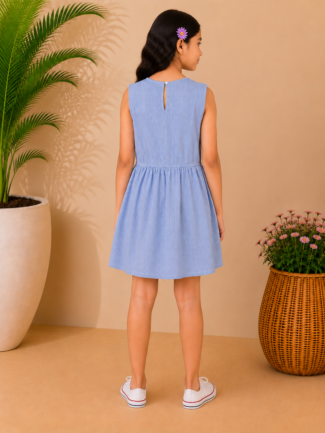 Blue girls sleeveless fit and flare dress with red striped bodice and pleated skirt