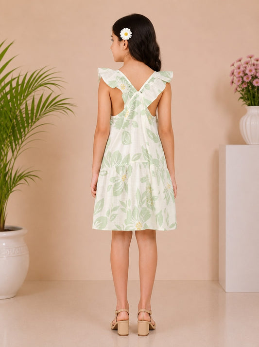 White and green floral printed girls flared skirt with gathered waist