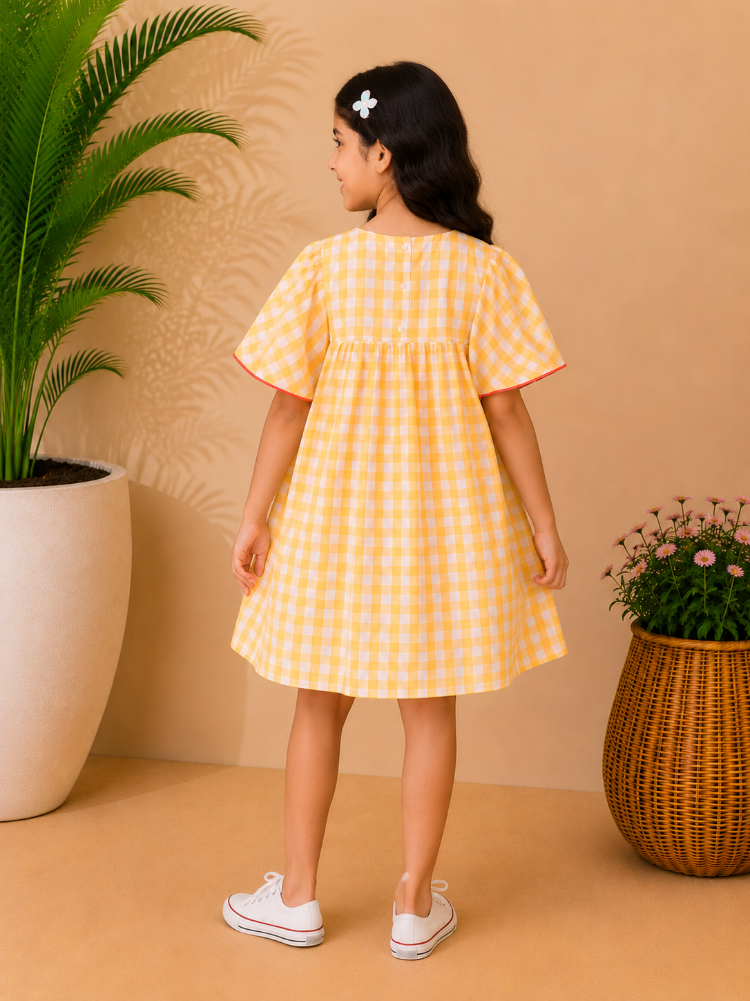 Yellow checked girls fit and flare dress with ruffle sleeves and flared skirt