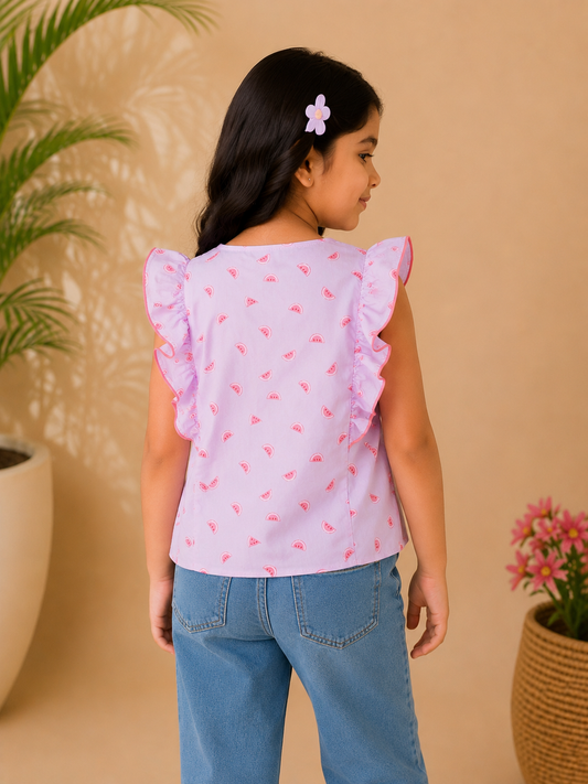 Pink floral printed girls sleeveless romper with ruffle sleeves and shorts