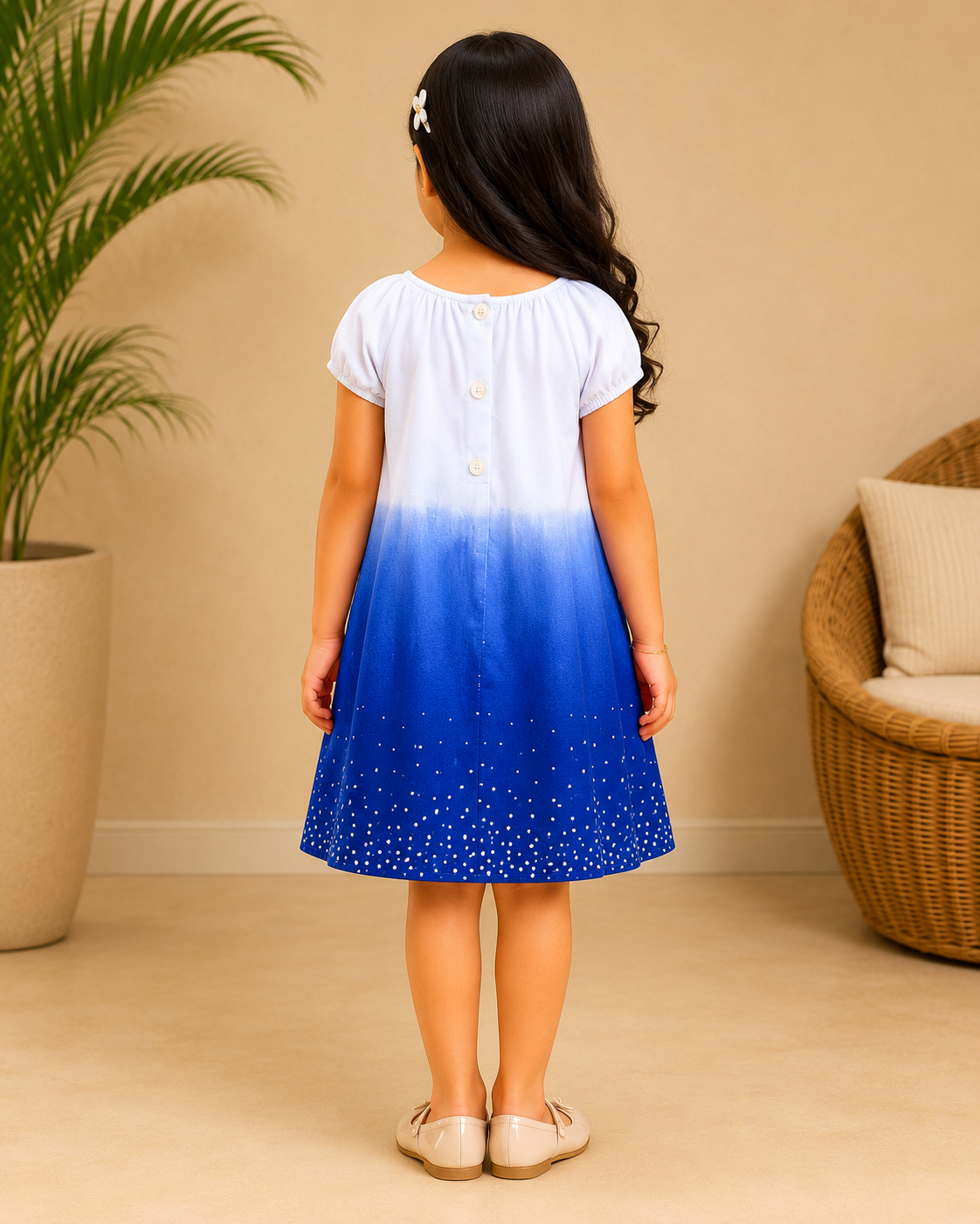 White and navy blue ombre girls sleeveless A-line dress with flared hem