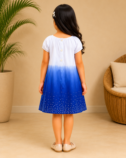 White and navy blue ombre girls sleeveless A-line dress with flared hem