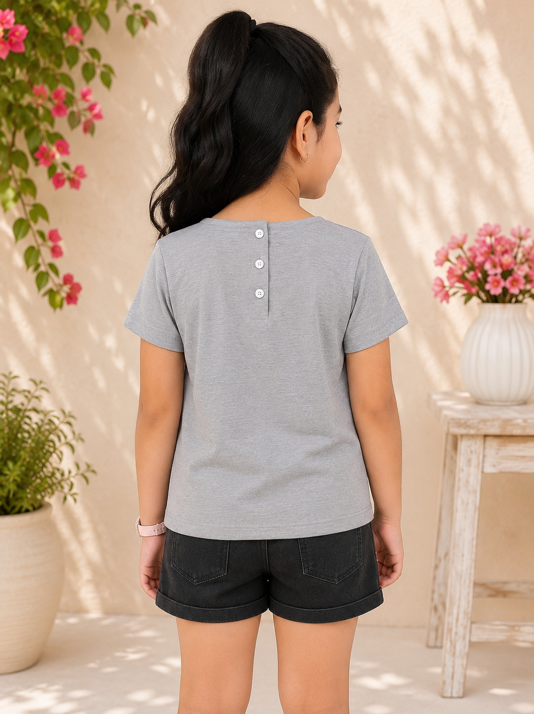 Grey girls short sleeve T-shirt dress with gold heart print and casual fit