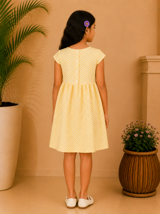 Yellow girls sleeveless fit and flare dress with ruffle sleeves and flared skirt