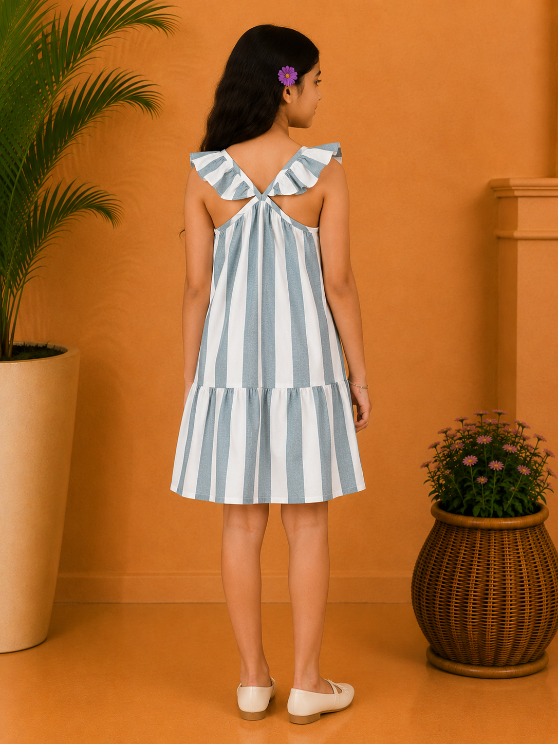 Blue and white striped girls sleeveless dress with gathered waist and flared hem