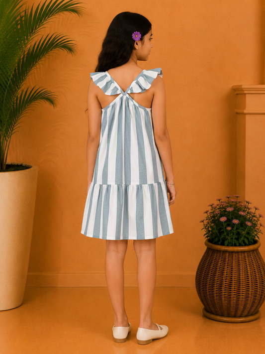 Blue and white striped girls sleeveless dress with gathered waist and flared hem