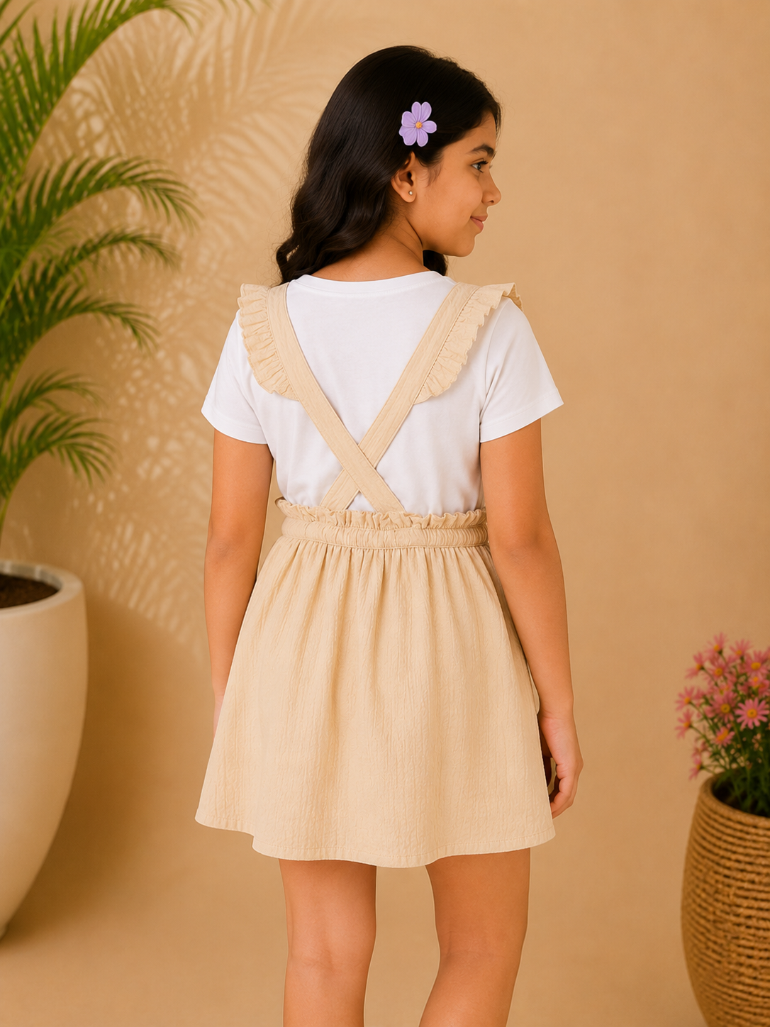 Beige girls pleated skirt with gathered waist and flared hem