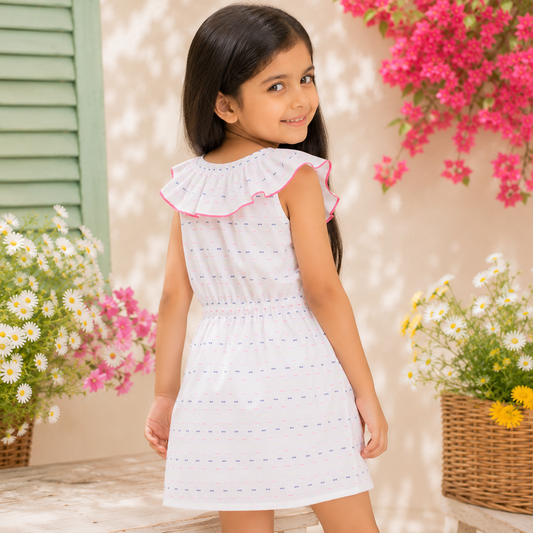 White and pink striped girls sleeveless dress with ruffle neckline and tassel detailing