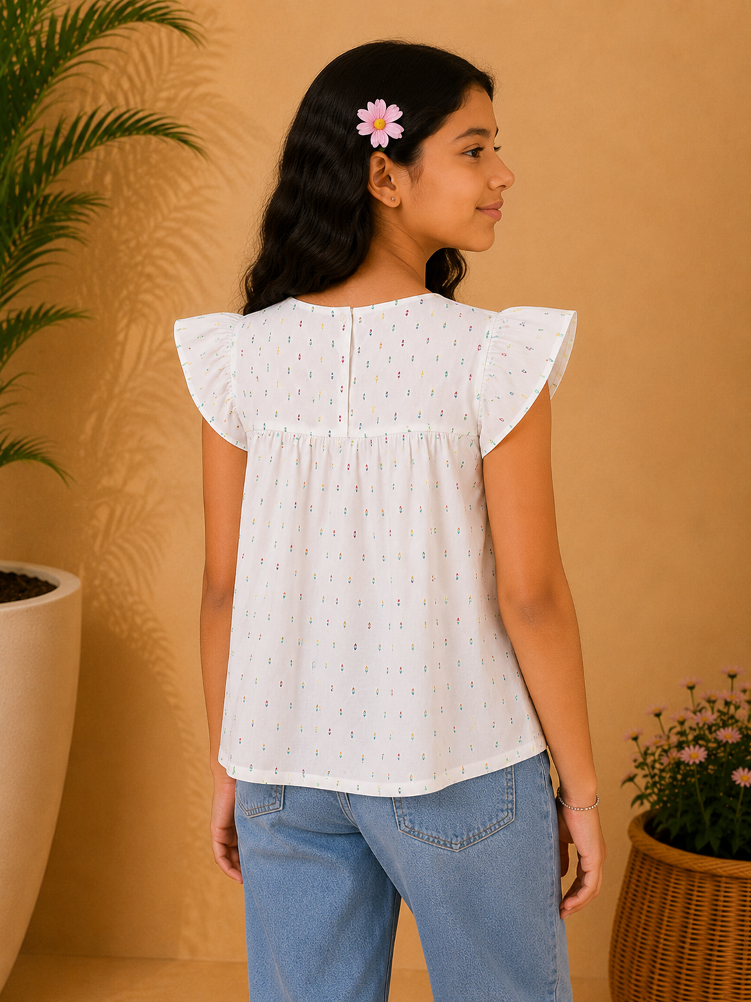 White girls short sleeve top with pink striped ruffle detailing and casual fit