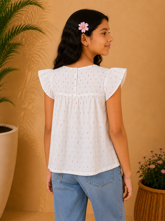 White girls short sleeve top with pink striped ruffle detailing and casual fit