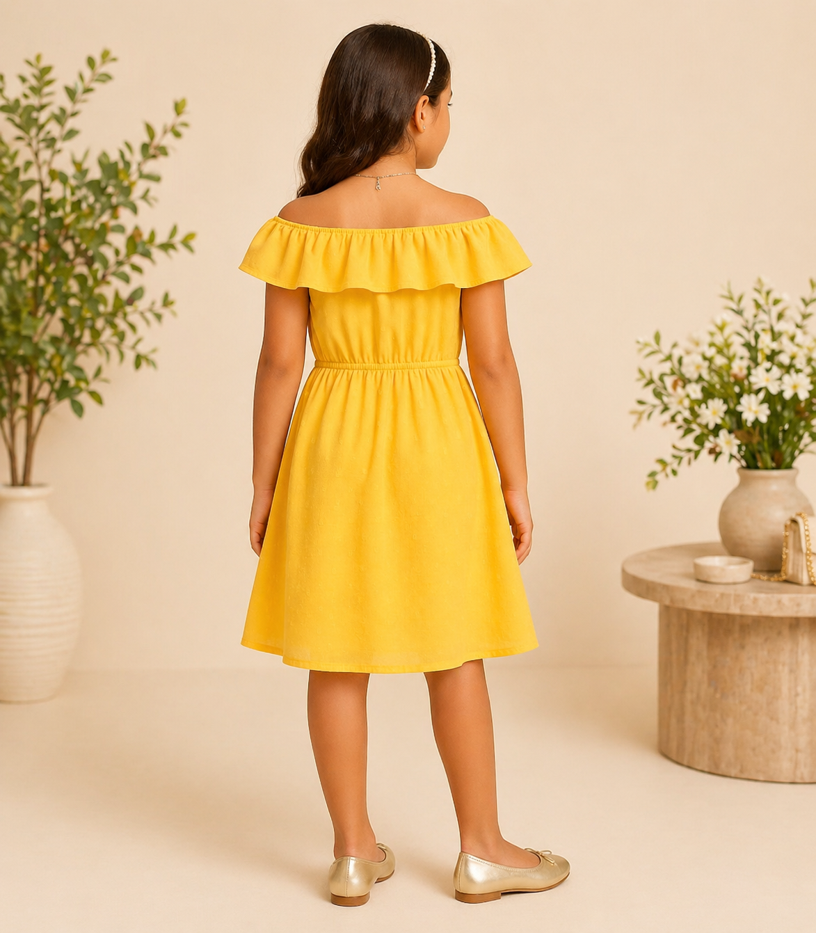 Yellow girls sleeveless fit and flare dress with ruffle detailing and flared hem