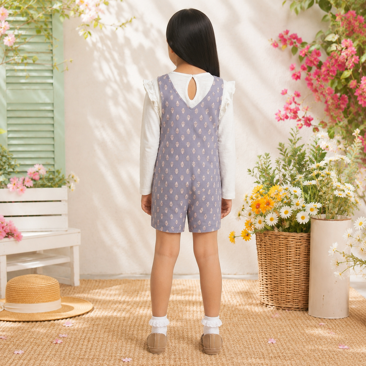 Grey checked girls sleeveless romper with shoulder straps and relaxed fit
