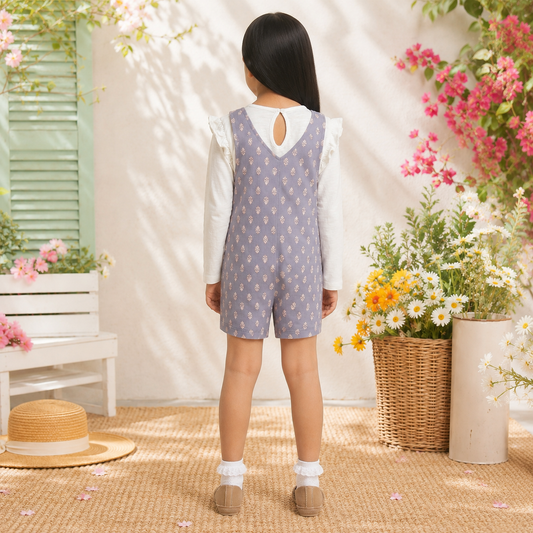 Grey checked girls sleeveless romper with shoulder straps and relaxed fit