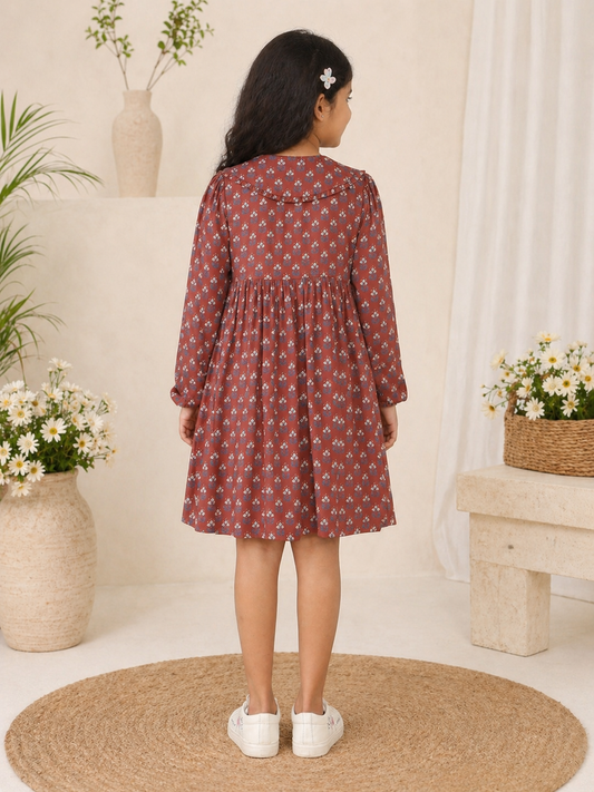 Brown checked girls flared skirt with gathered waist and pleated detailing