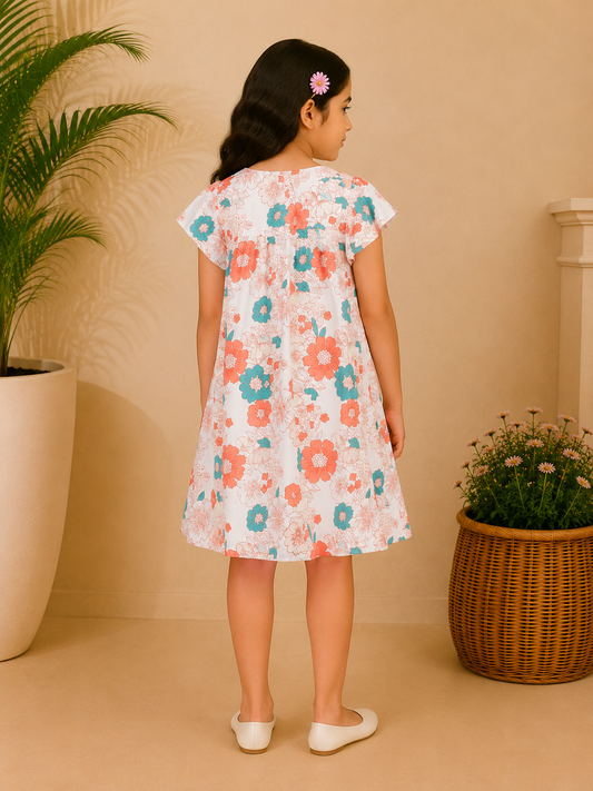 White girls floral printed short sleeve dress with colourful all-over print