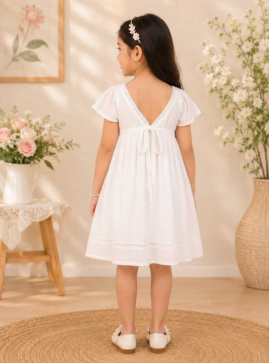 White girls short sleeve tiered dress with gathered waist and flared skirt