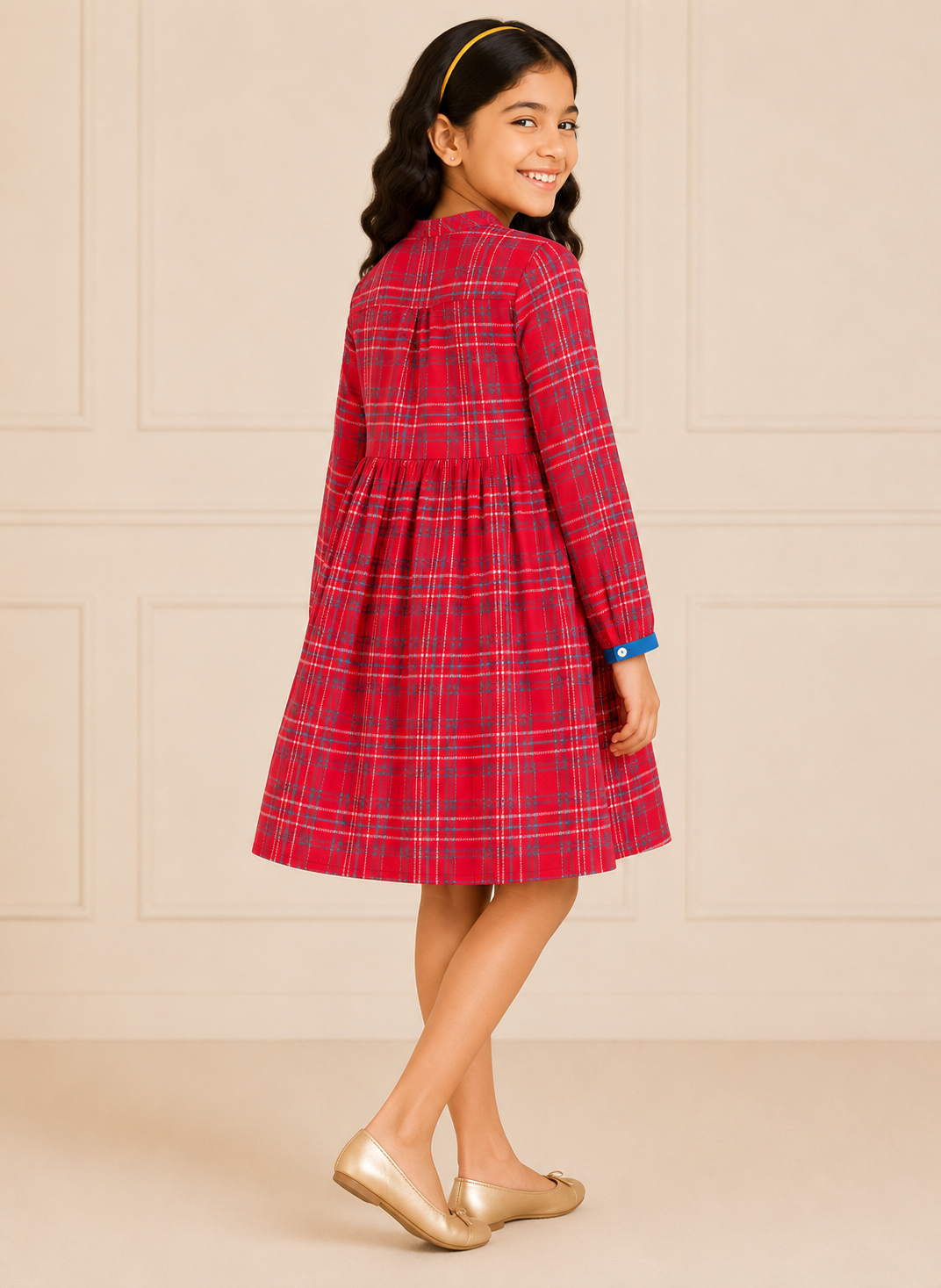 Red checked girls long sleeve dress with ruffle detailing and gathered waist